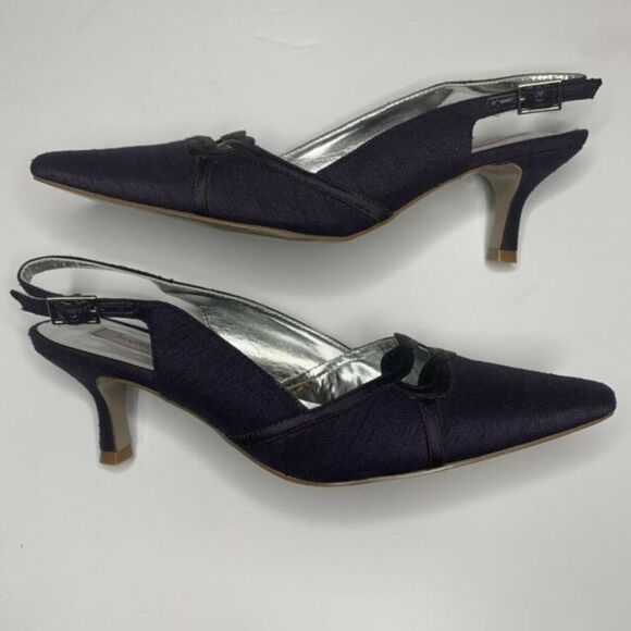 Jacques Vert Dark Purple Pointed Toe Slingback Kitten Heels Shoes - Picture 6 of 10